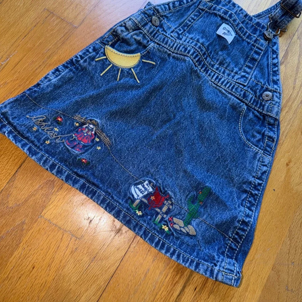 Vintage OshKosh Bgosh Blue Denim Embroidered Western Sun Cactus Jumper Dress 24M